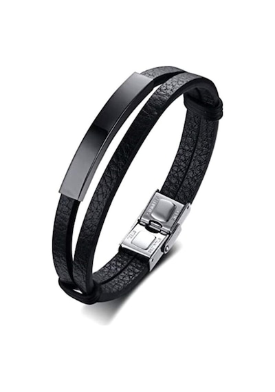 Brezza Lusso Jewelry Siyah Deri Zarif Tasarım Çift Sıra Erkek Deri & Çelik  Bileklik Siyah