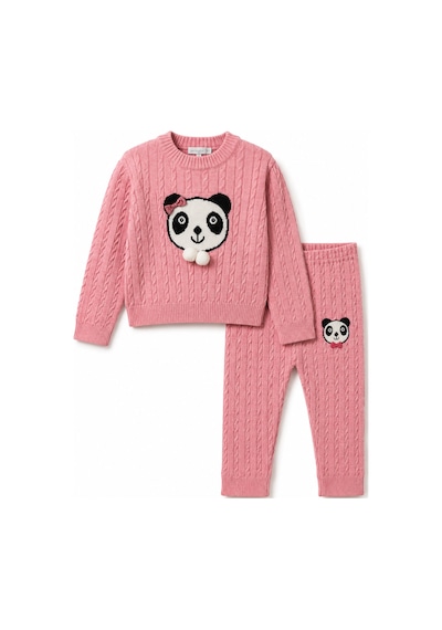 Babyhola 1-5 Yaş Kız Çocuk Panda Desenli Saç Örgü Kışlık Triko Takım 23217 Fuşya