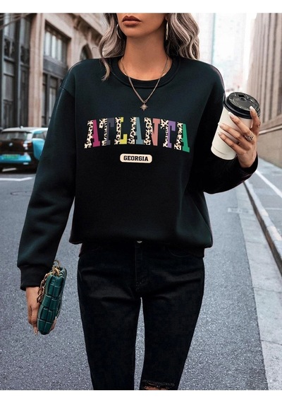 Unisex Oversize Siyah Atlanta Baskılı Bisiklet Yaka Sweatshirt Siyah
