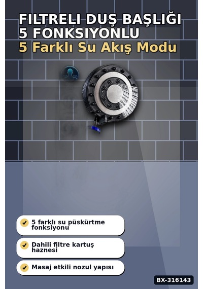 Filtreli Duş Başlığı 5 Fonksiyonlu Masaj Etkili Kireç Ve Klor Önleyici El Tipi Bx-316143 Diğer