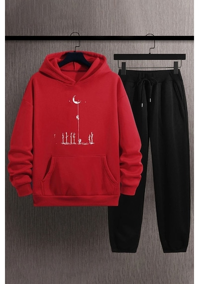 Uyguntarz Unisex Kırmızı Kapuşonlu Uzay Temalı Baskılı Eşofman Takımı