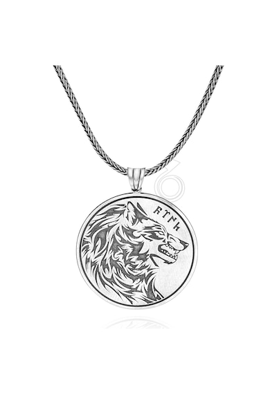 925 Ayar Gümüş Göktürk Türk Yazılı Bozkurt Tasarım Yuvarlak Erkek Kolye Gümüş