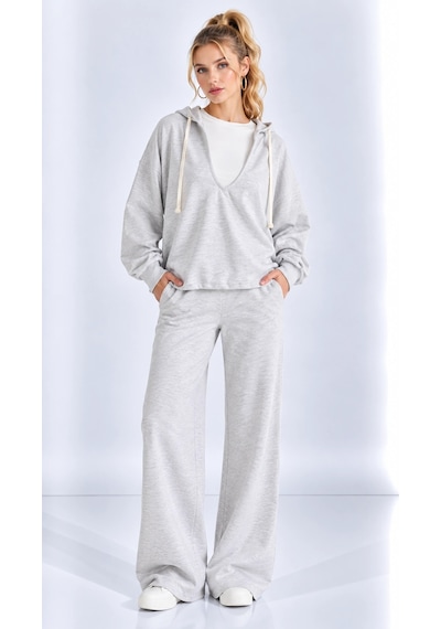 Mevese Kadın V Yaka Sweatshirt, Kolsuz Atlet Ve Yüksek Bel Wide Leg Pantolon Üçlü Spor Şık Takım- Gri Melan Gri Melanj