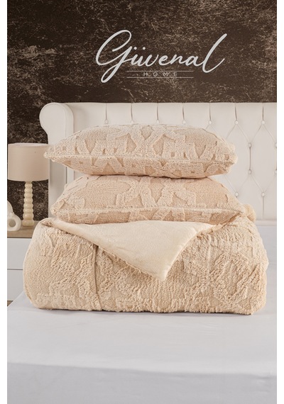 Vome Çantalı Jakarlı Çift Taraflı Wellsoft 230 X 250 Cm Battal Boy Yorgan Seti 1 Yorgan + 2 Yastık Kılıfı Yumuşak Dokulu Kabarık Kışlık Yorgan Çeyizlik Bej