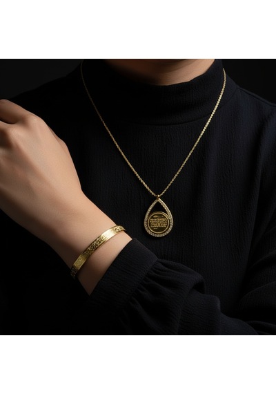 Armut Model Kolye Ve Ayetel Kürsi Bileklik Seti Gold Renk Çelik İslami Takı Altın