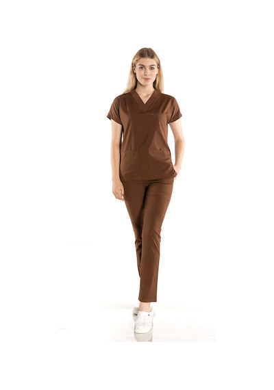 Unisex Likralı Kahve Renkli Scrubs