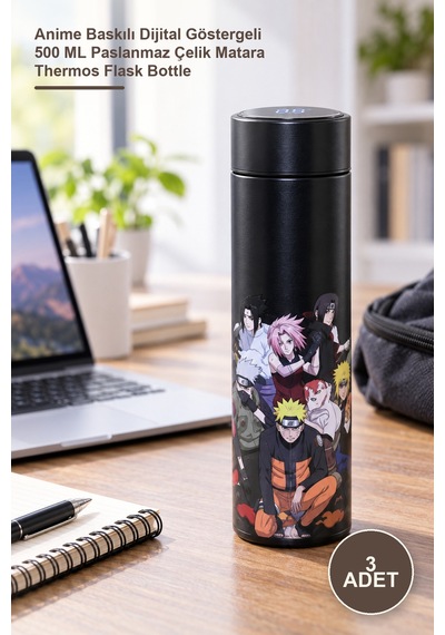 3 Adet Termos Anime Baskılı Dijital Göstergeli 500 Ml Paslanmaz Çelik Matara Thermos Flask Bottle