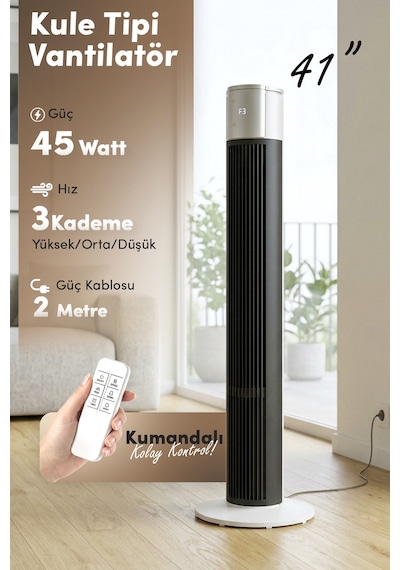 7go 7gtf2 41 İnç Kule Tipi Vantilatör Siyah 45w Turbo Force, Uzaktan Kumandalı, Sessiz, Zaman Ayar