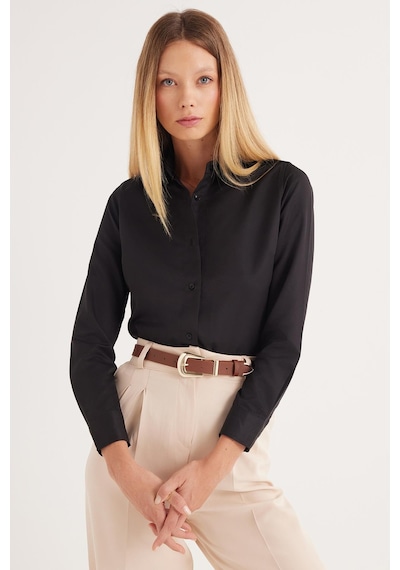 Tudors Kadın Slim Fit Dar Kesim Vucüda Oturan Uzun Kollu Siyah Basic Gömlek-35323 Siyah
