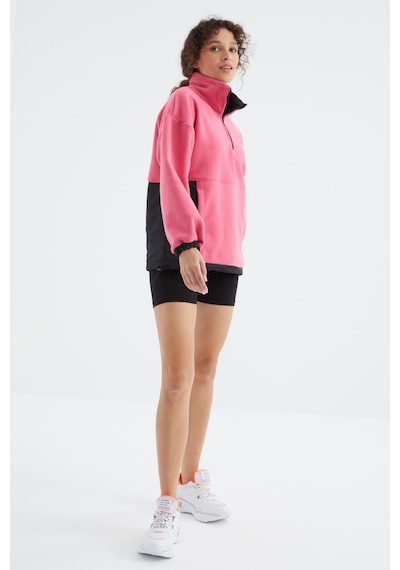 Tommy Life Şeker Pembe Yarım Fermuar Etek Ucu Büzgülü Dik Yaka Oversize Kadın Polar Sweatshirt - 97236 Şeker Pembe