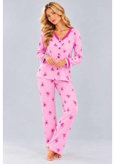 Pijamask Kadın Çiçek Ve Kelebek Desenli V Yaka Düğmeli Uzun Kollu Kaşkorse Pijama Takımı Pembe-15 Pijamask Kadın Çiçek Ve Kelebek Desenli V Yaka Düğmeli Uzun Kollu Kaşkorse Pijama Takımı Pembe-15