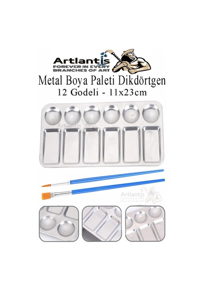 Dikdörtgen Metal Palet 1 Adet Metal Boya Paleti 12 Hazneli 11x23 Cm Paslanmaz Resim Boyama Paleti Fırça Hediyeli