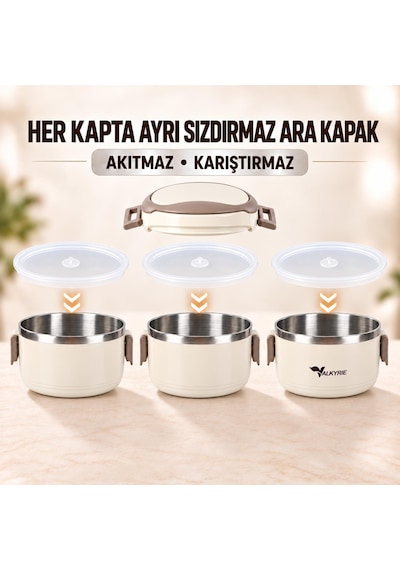 Valkyrie 3 Katlı 304 Paslanmaz Çelik Yemek Termosu Isı Yalıtımlı Sızdırmaz Sefer Tası Termal Çantalı Krem
