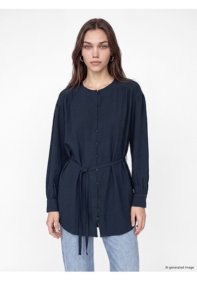Lcw Modest Lacivert Kuşaklı Dokulu Kadın Gömlek Tunik
