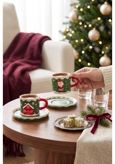 Karaca New Year Yılbaşı Santa House 2 Kişilik Kahve Fincan Takımı 110 Ml Yeşil