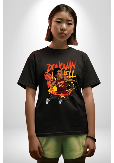 Donovan Mitchell Basketbol Karikatür Pamuklu Bisiklet Yaka Unisex Oversize Boyfriend Dijital Baskılı Siyah T-shirt Siyah