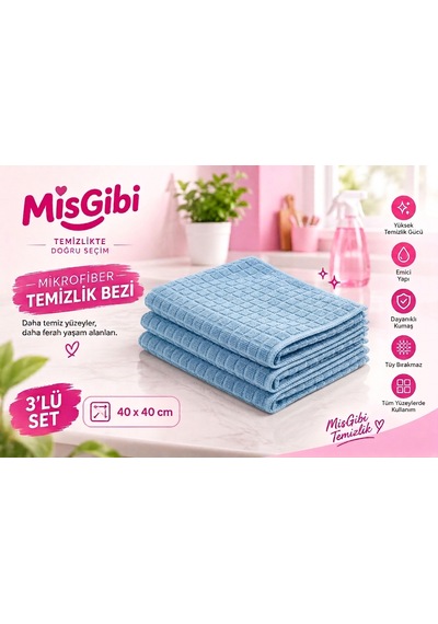 Misgibi Profesyonel 3'lü Mikrofiber Temizlik Bezi Kareli Doku, İz Ve Tüy Bırakmayan Çok Amaçlı Bez Mavi