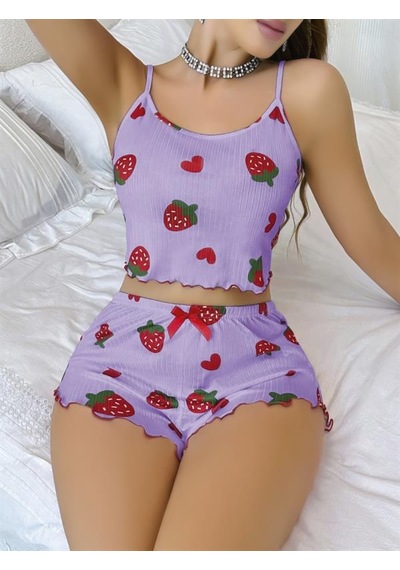 Red Womans Pamuklu Lila Üstüne Çilek Desen Fitilli Askılı Şortlu Pijama Takı