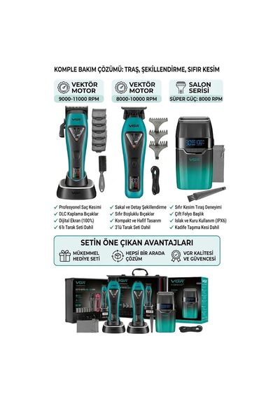 V-035c V-035t V-308 Saç Sakal Tıraş Makinesi Seti 3'lü - Taşıma Çantalı - Profesyonel Set