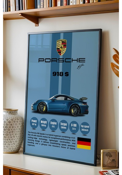 Porsche 918 Spyder Premium Hiper Araba Tablosu - Teknik Özellikli Hibrit Duvar Dekoru Siyah