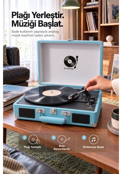 Kensa Bluetooth Lu Nostaljik Çantalı Pikap 33/45/78 Devir Dahili Bataryalı Plak Çalar Mavi