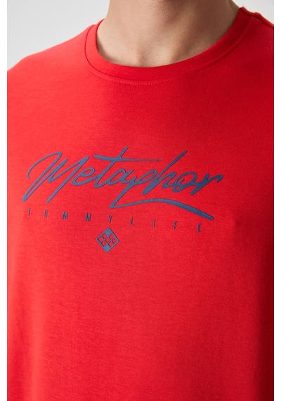 Tommy Life Fiesta-parlament Pamuklu Kalın Yumuşak Dokulu Oversize Fit Baskılı Erkek T-shirt - 88320 Kırmızı - Mavi