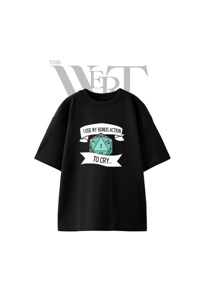 Thewert D20 Bonus Action Tasarım Baskılı Ünisex Siyah Oversize T-shirt