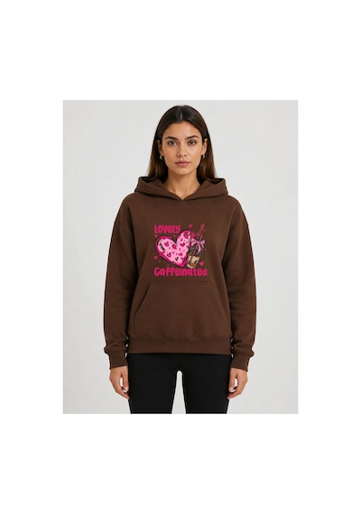 Herkesemoda Lovely Baskılı Kapüşonlu 2 İplik Şardonlu Sweatshirt Kahverengi