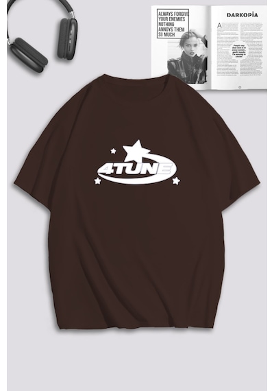 Unisex Kadın Erkek 4tune Baskılı Özel Tasarım Oversize T-shirt Kahverengi Mck0165 Kahverengi