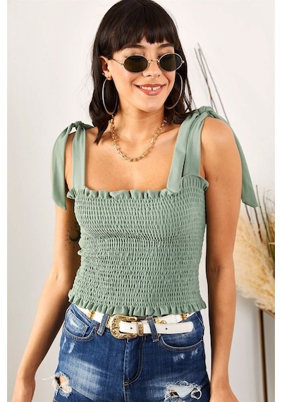 Aqe Fashion Kadın Yeşil Askılı Crop Bluz-Su Yeşili