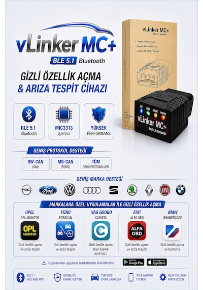 Vlinker Mc+ Ford Bmw Vw Reno Opel Gizli Özellik Açma Ve Arıza Tes