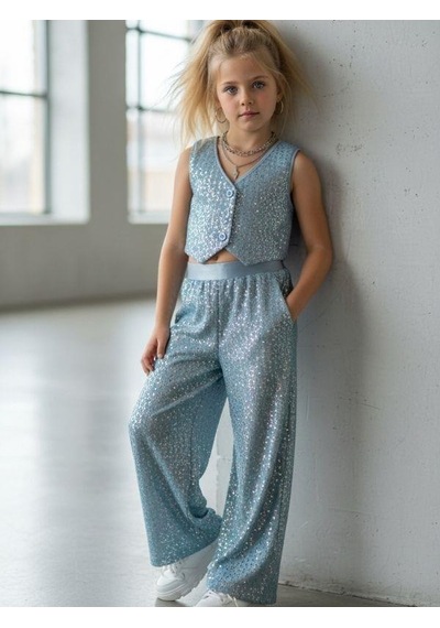 Zekids Kız Çocuk Işıltılı Yelek Pantolon Takım-16881 Mavi