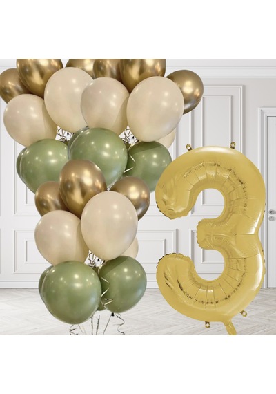 3 Yaş Retro Küf Yeşili Krom Gold Kum Beji Balon Seti Gold Rakam Doğum Günü Balonu Şık Parti Süsleme Çok Renkli