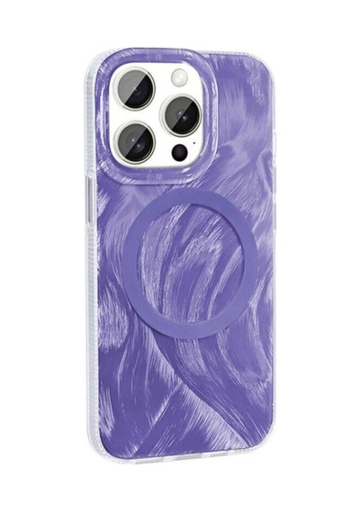 Apple Uyumlu iPhone 15 Pro Kılıf M-safe Şarj Özellikli Fırça Boya Desenli Zore Palet Kapak Mor