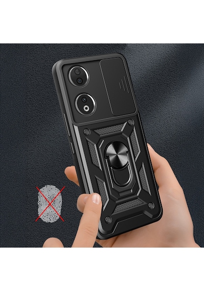 Teknomoda Honor 90 Kılıf Yüzüklü Standlı Sürgülü Kamera Korumalı Tank Sert Silikon Kapak Siyah