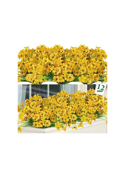 12li Set Yapay Çiçek Sazlı Mine Sarı Renk 5 Dallı 33cm