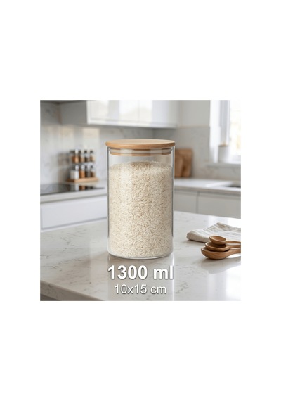 6 Lı Borosilikat Cam Kavanoz Seti Bambu Kapaklı 1300 Ml Baharatlık Saklama Kabı Mutfak Düzenleyici Şeffaf