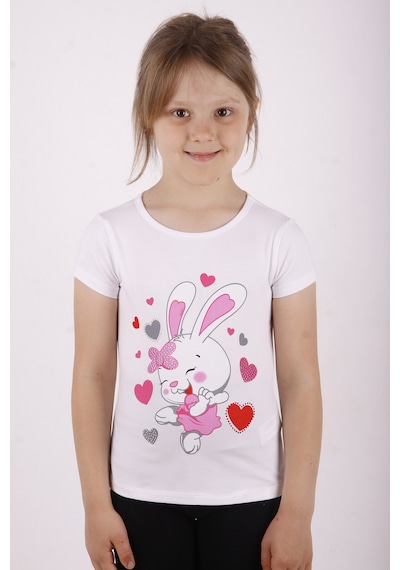 Toontoy Kids Toontoy Kız Çocuk Kalpli Tavşan Baskılı Tişört Beyaz