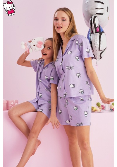 Siyah İnci Lisanslı %100 Pamuk Çok Renkli Düğmeli Şort Pijama Takım Hk155 Lila