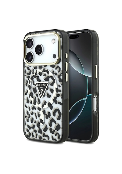 Apple iPhone Uyumlu 18 Pro Kılıf Guess  Lisanslı M-safeli Üçgen Logolu Simli Leopar Desenli Kapak Siyah