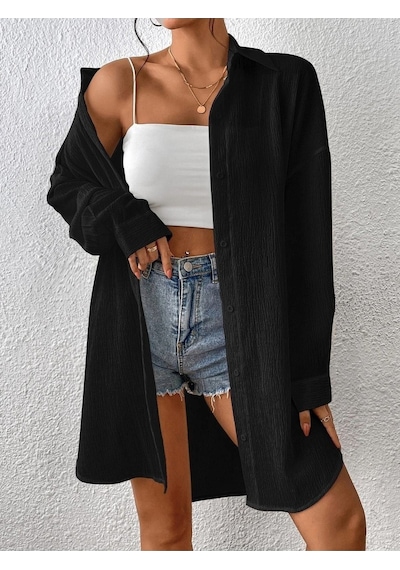 Kadın Oversize Uzun Gömlek - Siyah Düz Uzun Gömlek Siyah