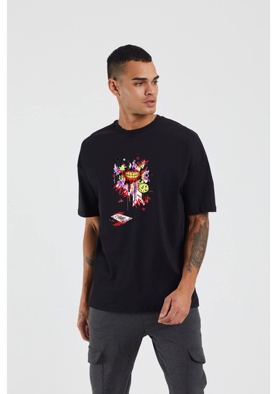 Thewert Unisex Joker Smile Baskılı Siyah Oversize Tshirt