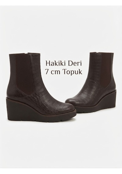 Noxmark Hakiki Deri Dolgu Taban Krokodil Desen Koyu Kahve Kadın Bot Acı Kahverengi