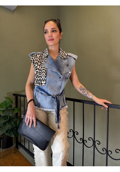 Ali Butik Leopar Detaylı Denim Yelek
