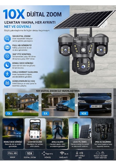 Snr 4g 3 Lensli Sım Kartlı 360 Ptz Solar Güvenlik Kamerası Güneş Panelli Gece Görüşlü Dış Mekan