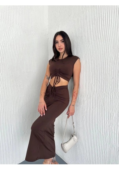 Freedom Store Osy Modal Yumuşak Dokulu Kumaş Büzgülü Crop Etek Takım -kahverengi