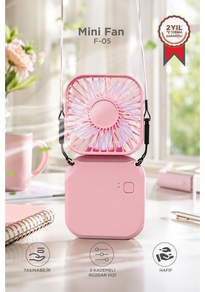 F-05 Mini Fan Tutmalı Şarjlı Vantilatör Pembe Ofis Gereci Spor Aksesuarı Günlük Kullanım