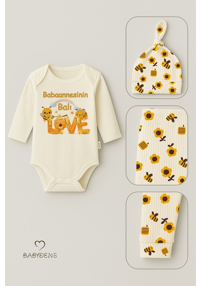 Babyden's Babaannesinin Balı 3 Lü Yenidoğan Takım Pamuklu Uzunkol Body,çiçek Arı Desenli Pantolon,bere Ekru