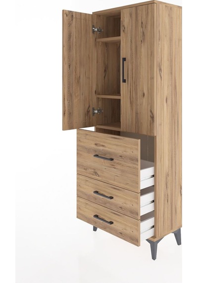 Arges Dolap 3 Raflı 3 Çekmeceli 2 Kapaklı 60x30x163 Çam-çam Atlas Çam
