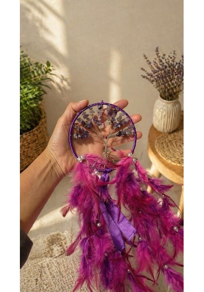 Ametist Doğal Taşlı İncili Rüya Kapanı Dreamcatcher 50 Cm İncili Duvar Süsü